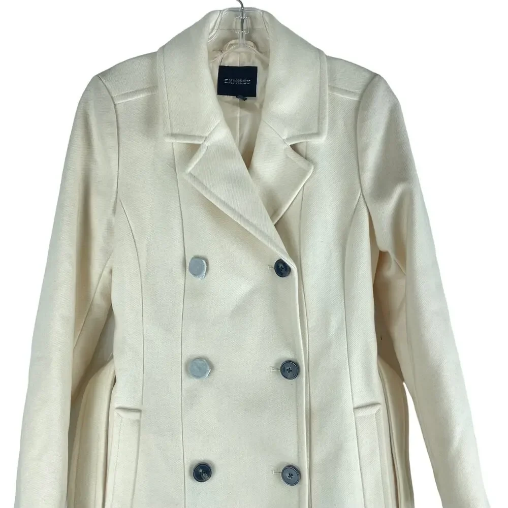 Express Premium Wool Blend Belted Double Breasted Coat Cream White Size XS